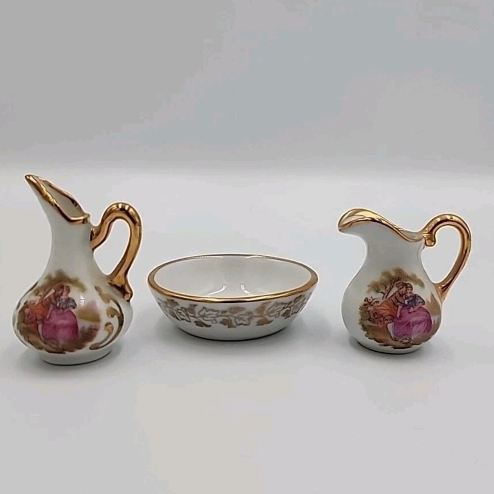 Limoges France Miniature Pitcher Basin Bowl  and Gold Trim Set Of 3 Paris